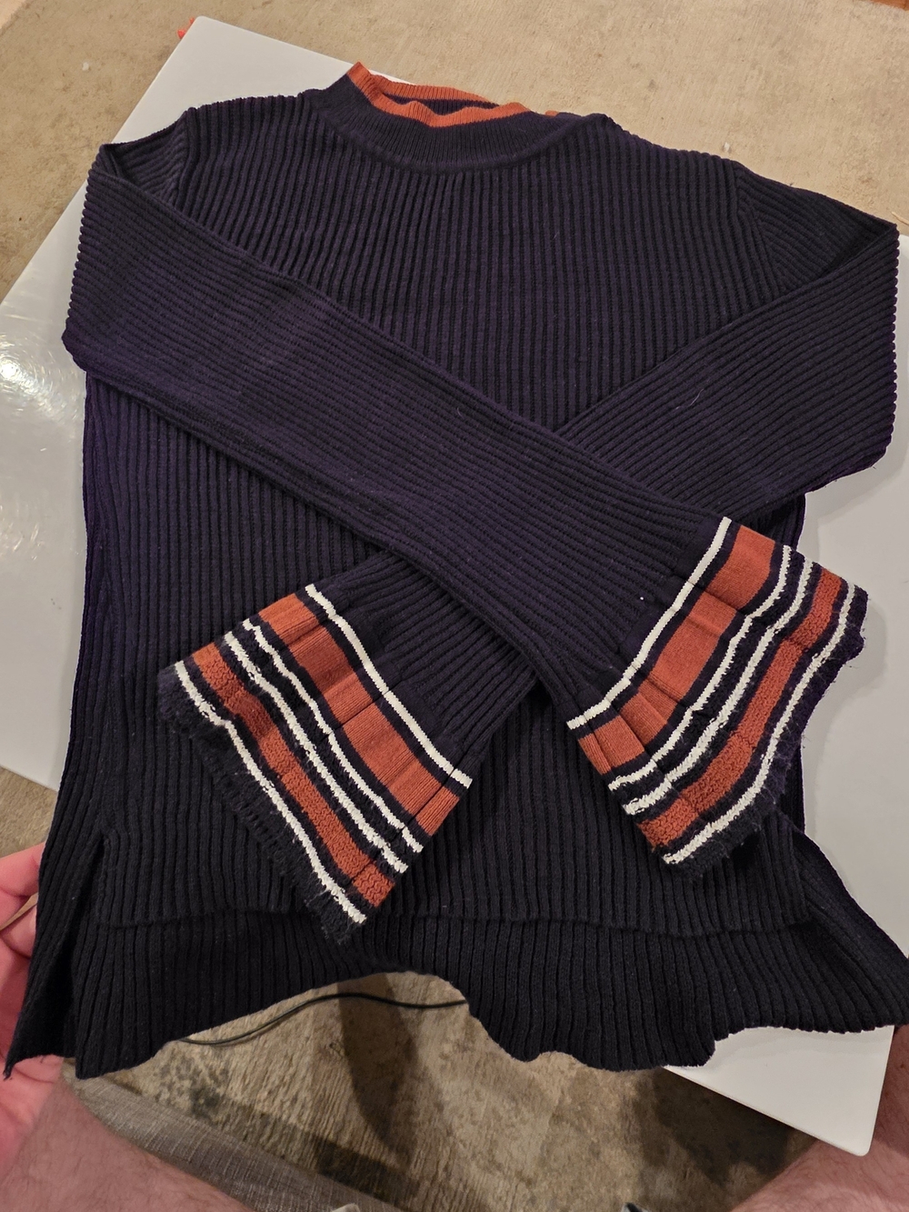 Anthropologie-moth Long-Sleeve Sweater with Rust and White Striped Cuffs